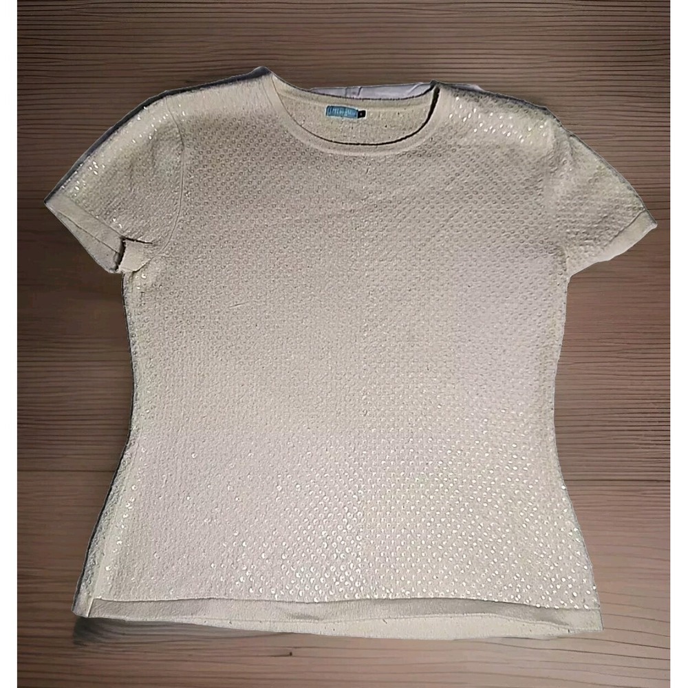 J. McLaughlin Pale Yellow Sequin Short Sleeve Knit Top Size S